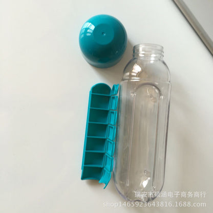 7日間携帯用ピルボックス付き多機能ウォーターボトル｜薬ケース一体型カップ 持ち運びに便利な2in1デザイン！外出先でも水分補給と薬の管理がこれ一つでOK。