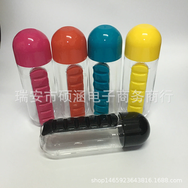 7日間携帯用ピルボックス付き多機能ウォーターボトル｜薬ケース一体型カップ 持ち運びに便利な2in1デザイン！外出先でも水分補給と薬の管理がこれ一つでOK。