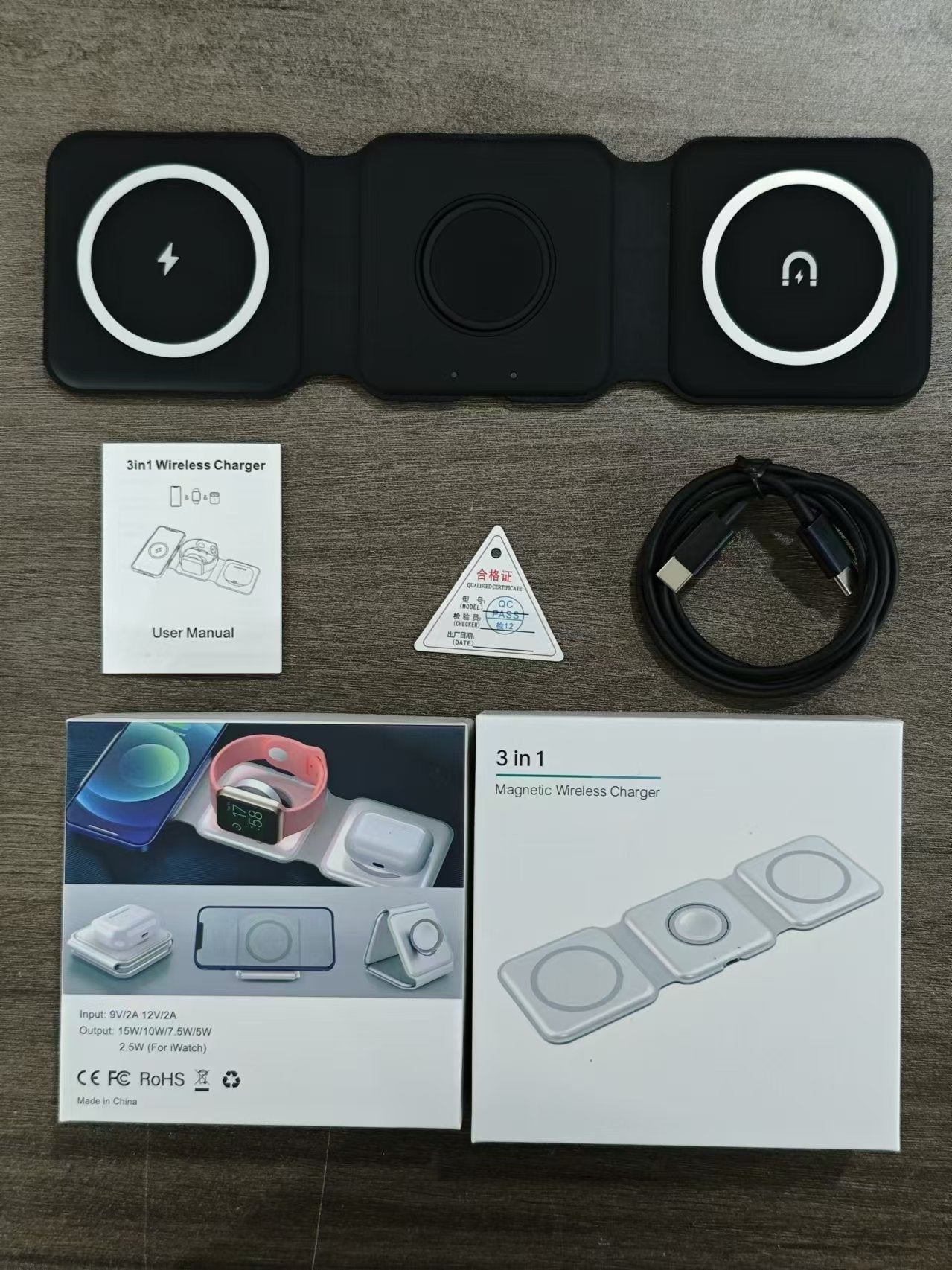 新型ワイヤレス充電器 3-in-1 急速充電スタンド 折りたたみ式 / Qi対応スマートフォン・イヤホン・スマートウォッチ用