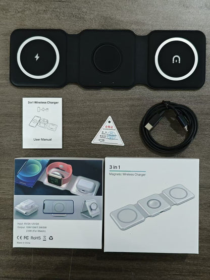 新型ワイヤレス充電器 3-in-1 急速充電スタンド 折りたたみ式 / Qi対応スマートフォン・イヤホン・スマートウォッチ用